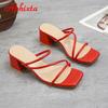 Fashion Aphixta 2025 New 4.5cm Red Low Square Heels Slides Women Simple Peep Toe Flip Flops Cool Summer Slippers Sandals Elegant Shoes