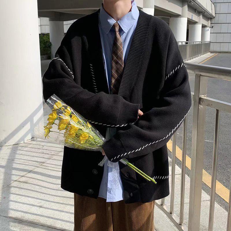 Cardigan Tricotat Retro Stil Japonez Trendy pentru Bărbați - Pulover Larg la Modă pentru Toamnă/Iarnă