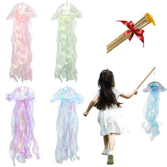 4 Pack LED Jelly-Fish Lamps, Hanging Glitter Iridescent Jelly-Fish Lantern, Home Office Room Decoration, Birthdays Halloween Christmas Gift for
