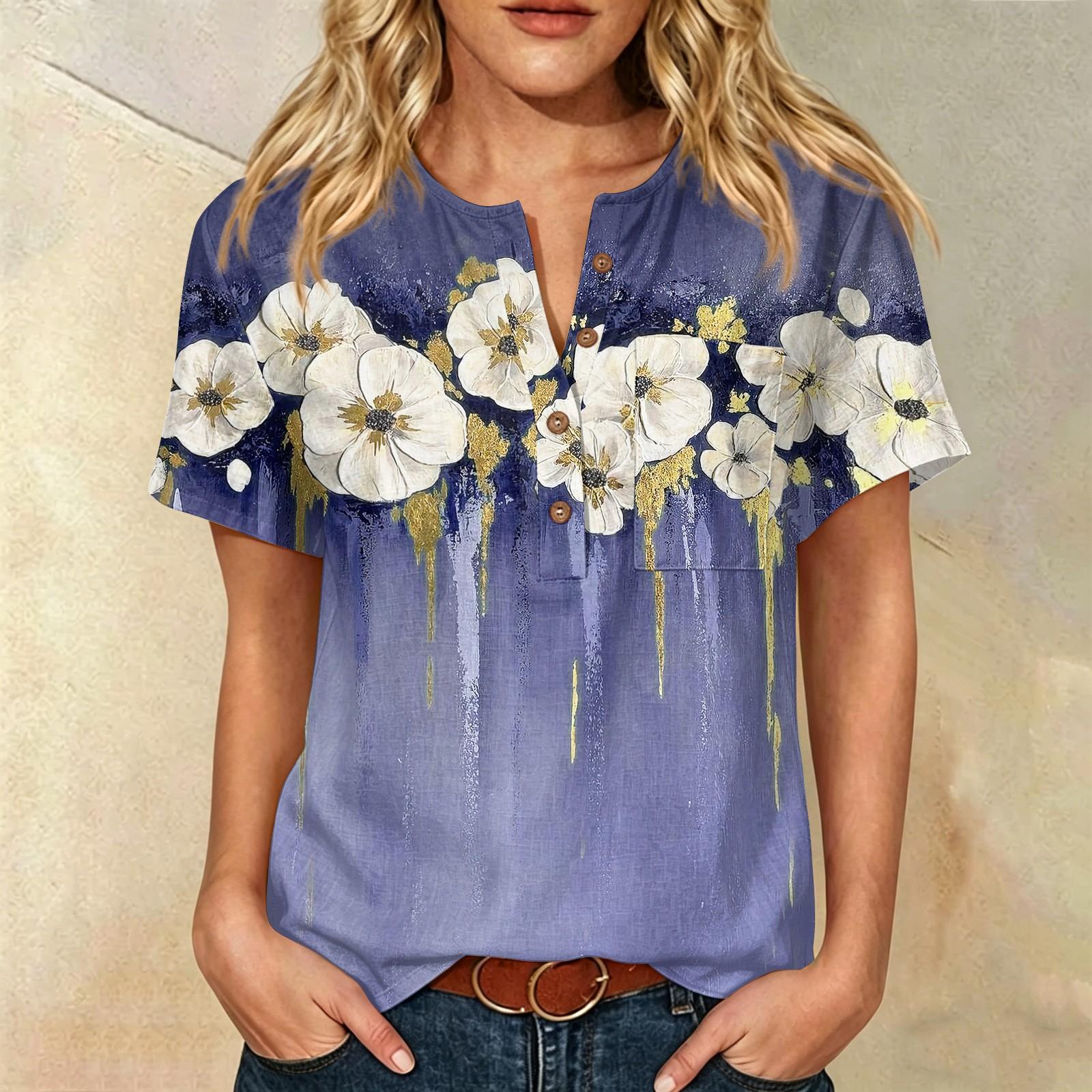 

Women’s Short Sleeve Button Henley Shirt with Chest Pocket Geometric Pattern Cotton Linen Casual Loose Fit Top L