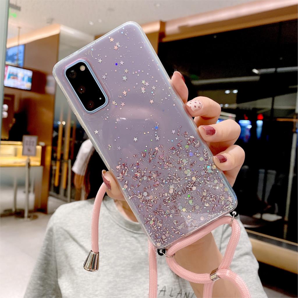 Puzdro s krúžkom na krk pre Samsung Galaxy S8 S9 S10 Plus Note 10 Lite A51 A71 5G A50 A70 A11 S20 Ultra Trblietavé Priehľadné Mäkké Kryt