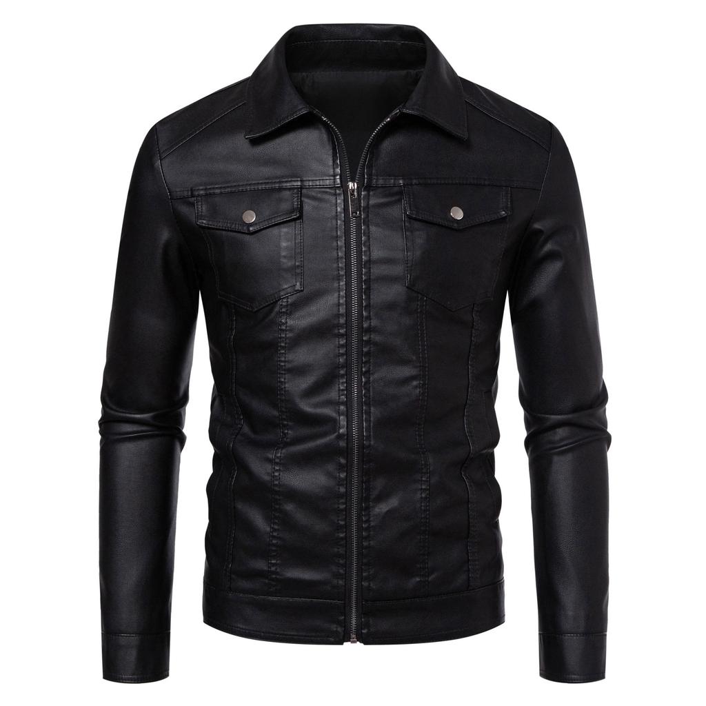 Men's Lapel Leather Jacket Autumn Oversized Slim Motorcycle Riding Suit PU Leather Waterproof Work Clothes