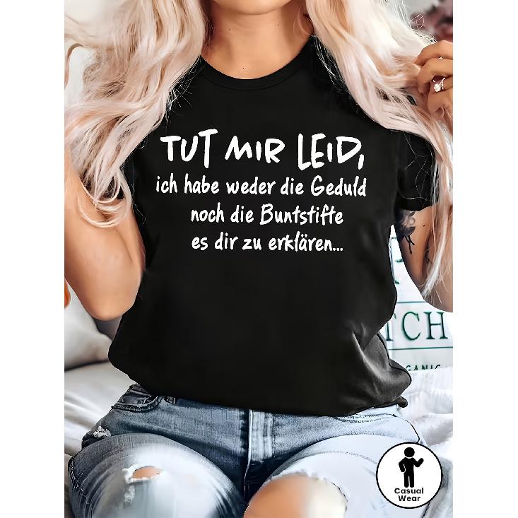 Women's Black Short Sleeve Crew Neck T-Shirt with German Slogan Graphic Print, Relaxed Fit Soft Cotton Feel for Casual Daily Wear