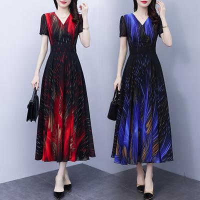 Ice Silk Mid-length Dress Summer Plus Size Middle-aged Women's French Print V-neck Waist Dress