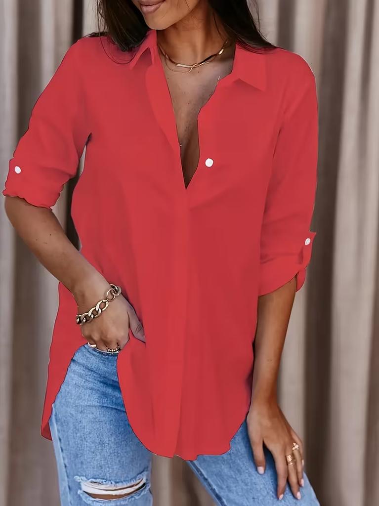 Ladies Casual Button Up Office Shirt Solid Color Long Sleeve Blouse with Collar Business Work Top for Daily Wear
