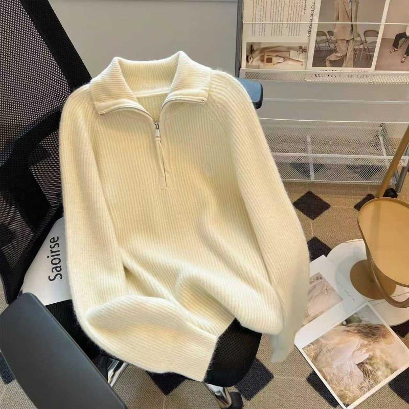 

Real shot retro lazy wool zipper knitted sweater autumn and winter new crew neck sweater top tide L абрикосовий