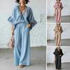 Completi estivi da donna a 2 pezzi, Top con balze a mezza manica e scollo a V abbinato a pantaloni a gamba larga, Set da vacanza e relax con tasche