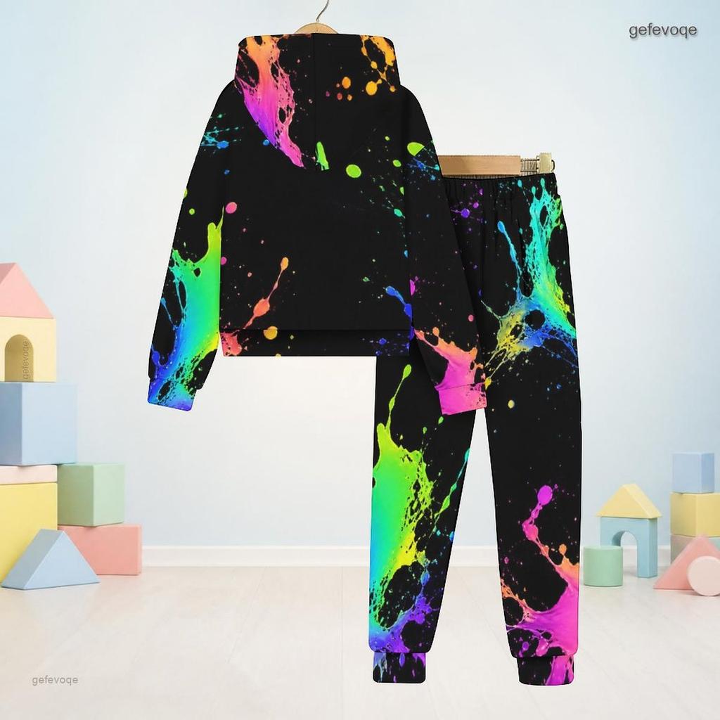 Kids Boys Girls Colorful Splash Printed Hooded Long Sleeve Sweatshirt Cuffed Pants Two Piece Set