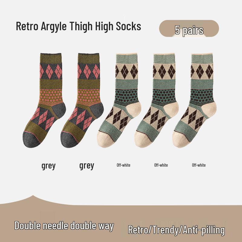 Women's Retro Argyle Mid-Calf Socks - Autumn/Winter Ethnic Style