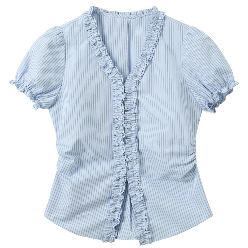 Sancai Women s Striped Puff Sleeve Ruffle V-Neck Blouse XL