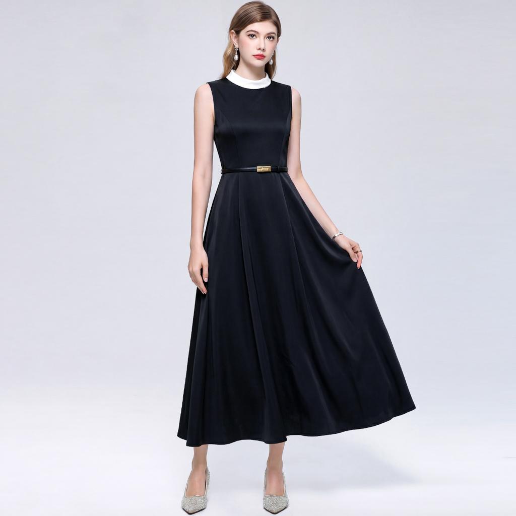 Elegant Sleeveless Round-Neck Slimming Satin A-Line Maxi Dress for Women Vintage Solid Mid Length Prom Birthday Party Formal Dress