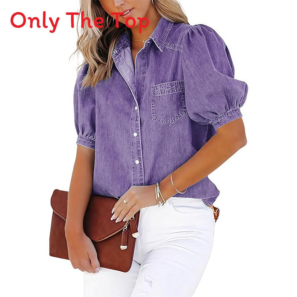 Cotton Blended Short Sleeve Shirt With Color Blocking For Office Women