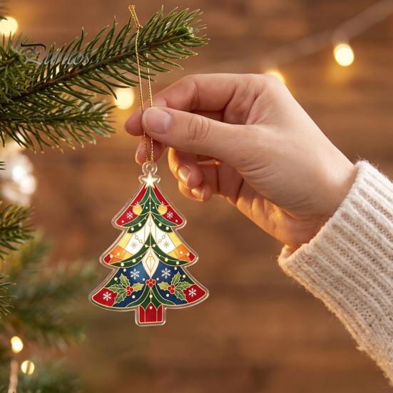 Artistic Window Display Accessory 2D Flat Acrylic Christmas Tree Ornament, Vintage Stained Ornament Glass Style Hanging Pendant, Festive Holiday Decor