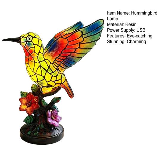 Handmade Stained Glass Bird Night Light, Hummingbird Floral Table Lamp, Vintage Resin Decorative Bedside Lamp for Bedroom, Living Room, Nursery