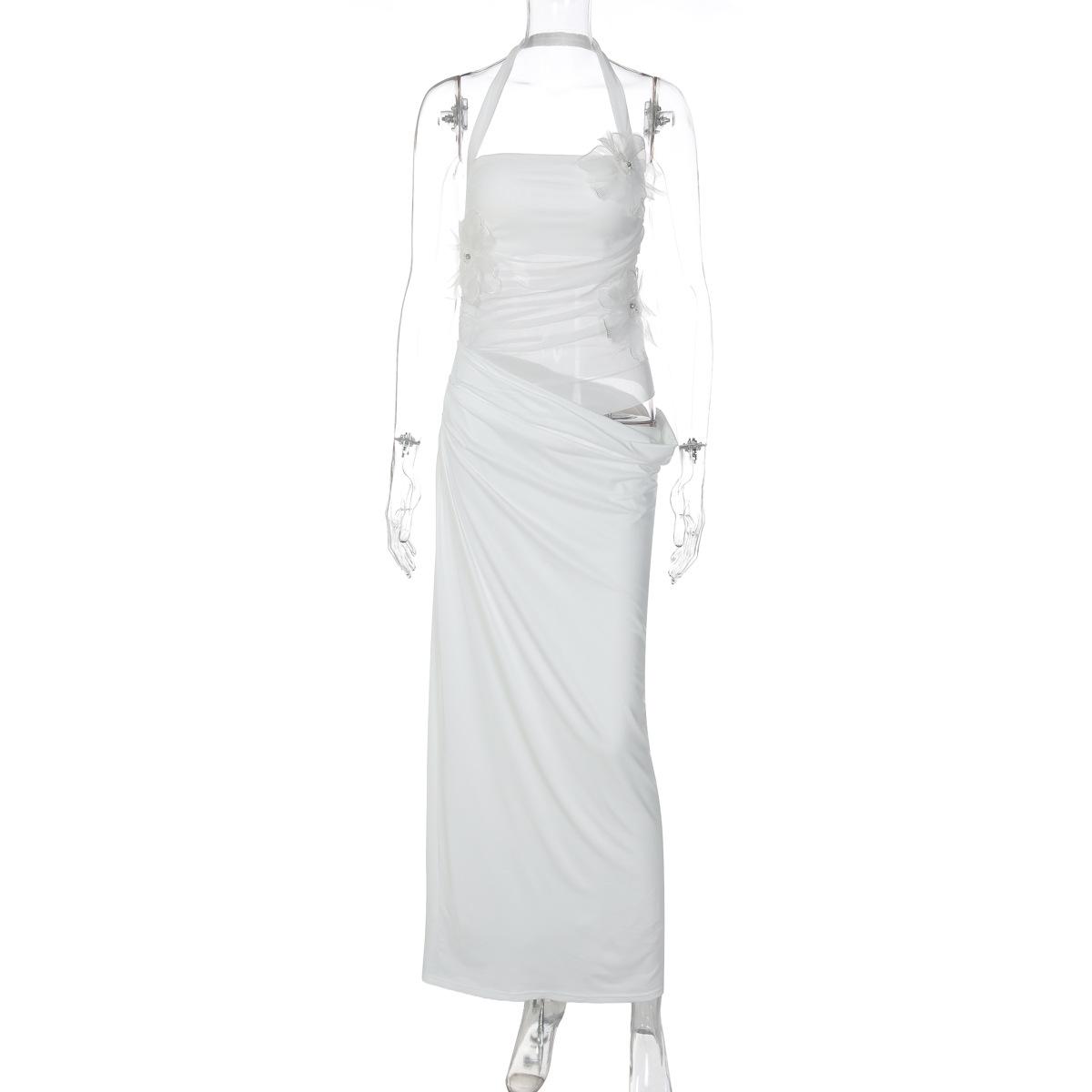 Women s White Halter Neck Dress with Sheer Mesh Top and Three 3D Flowers S белый