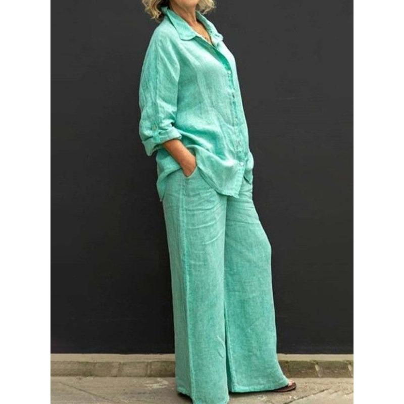 Womens Solid Color Linen Two Piece Set Loose Shirt And Wide Leg Pants