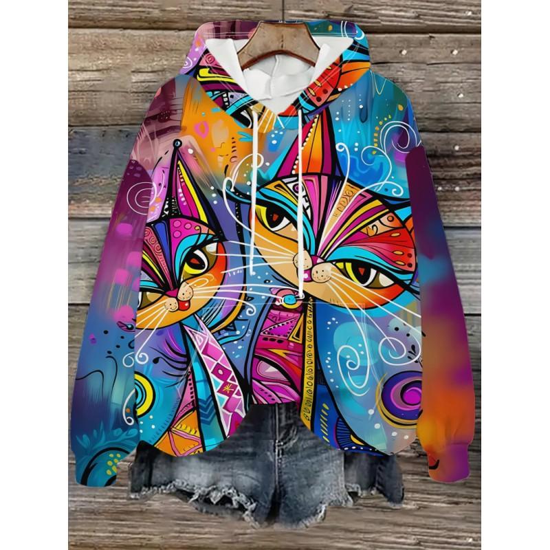Womens Oversized Hooded Sweatshirt With Cartoon Animal Print Casual Streetwear Top Fall 2025