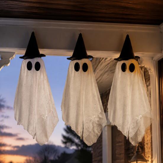 Lighted Floating Ghosts for Outdoor 3 Pcs Halloween Hanging Ghost Decoration, Spooky Large Mesh Garden Haunted House Accessories with Witch Hat Porch,