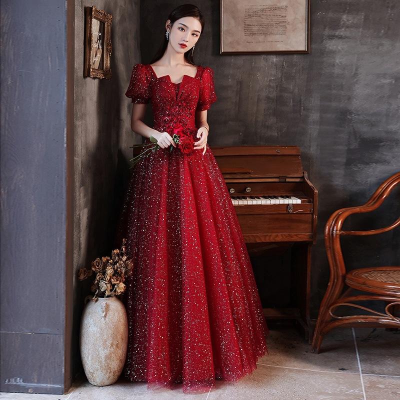 Burgundy Toast Bride 1011 New Summer Wedding Return Gauze Dress Light Luxury Banquet Evening Dress