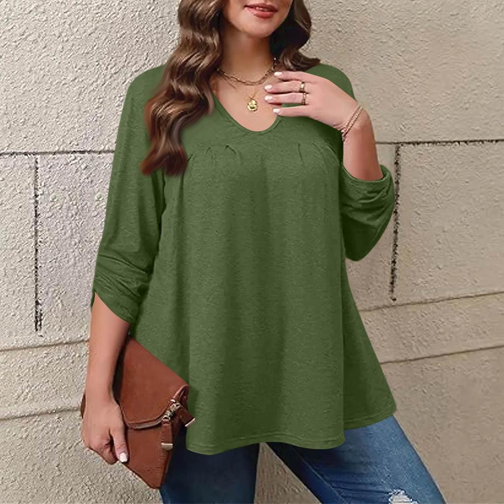 Dámská móda plus size Jednobarevný ležérní plisovaný top s kulatým výstřihem a dlouhým rukávem
