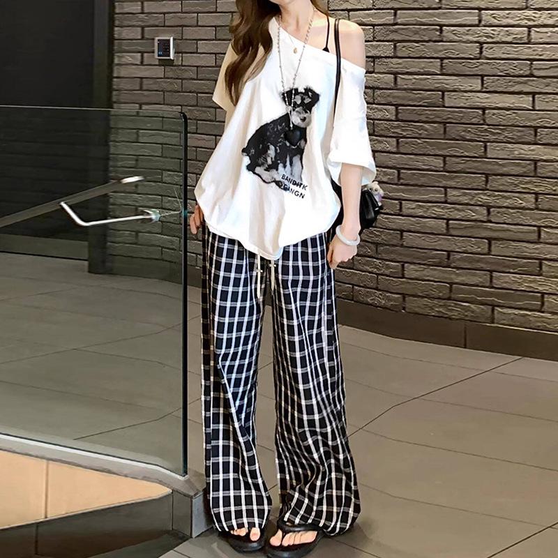 2026 Summer Maternity Set: Loose One-Shoulder Cotton Tee & Plaid Pants 2XL