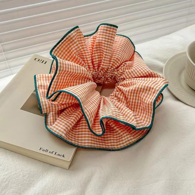 Ins Ballet Style Contrasting Plaid Ruffle Edge 4 Layer Hairloop Retro Nostalgic Romantic Meatball Head Large Intestine Hair Loop