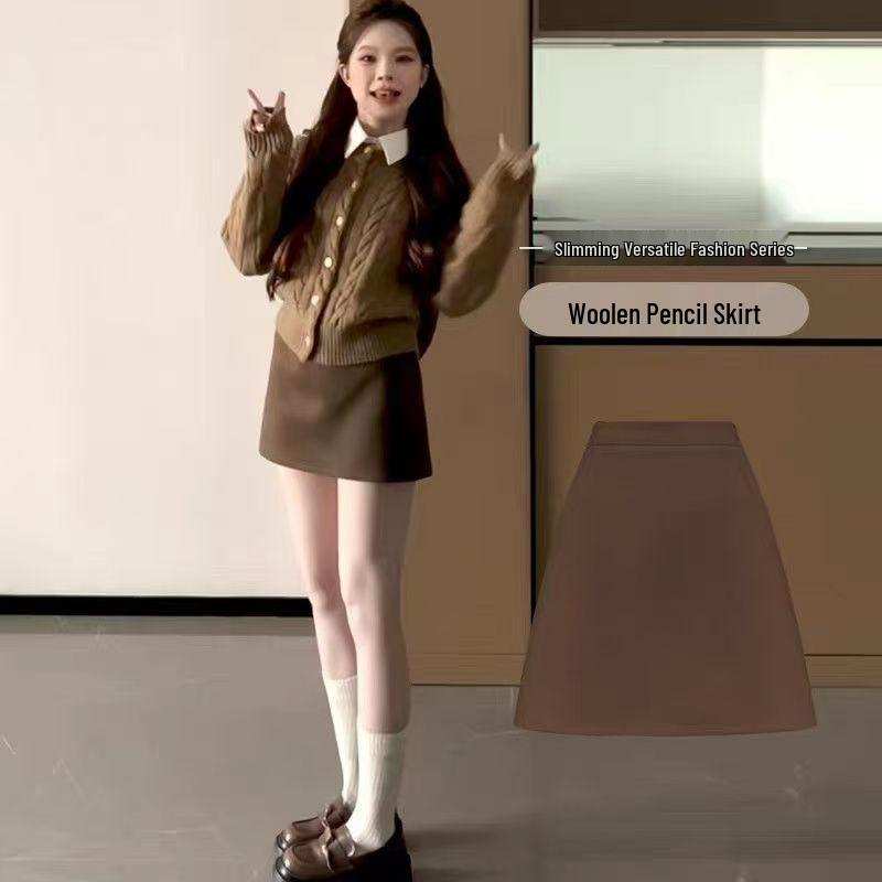 2025 Grauer Wollmischungs-Koreanischer A-Linien-Rock mit Hoher Taille: Schlankmachender, vielseitiger, figurbetonter kurzer Rock für Damen - Herbst/Winter