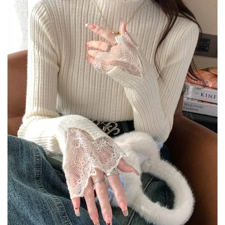 Rollkragen Skinny Elastisch Gestricktes Hemd Damen Pullover Pullover Oberteile Frühling Herbst Damen Langarm Strick Patctwork Spitze Hemden