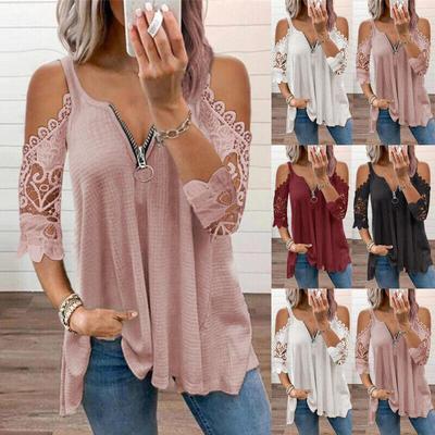 Chemisier à manches en dentelle pour femmes, t-shirt hauts grande taille pour dames, épaules dénudées, t-shirt décontracté