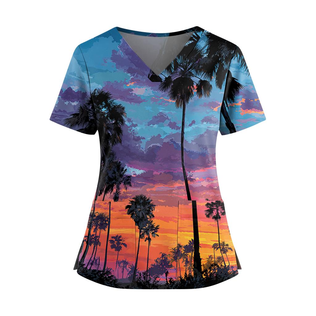Women's Hawaiian Print V-Neck Double Pocket Short Sleeve Uniform/ Top
