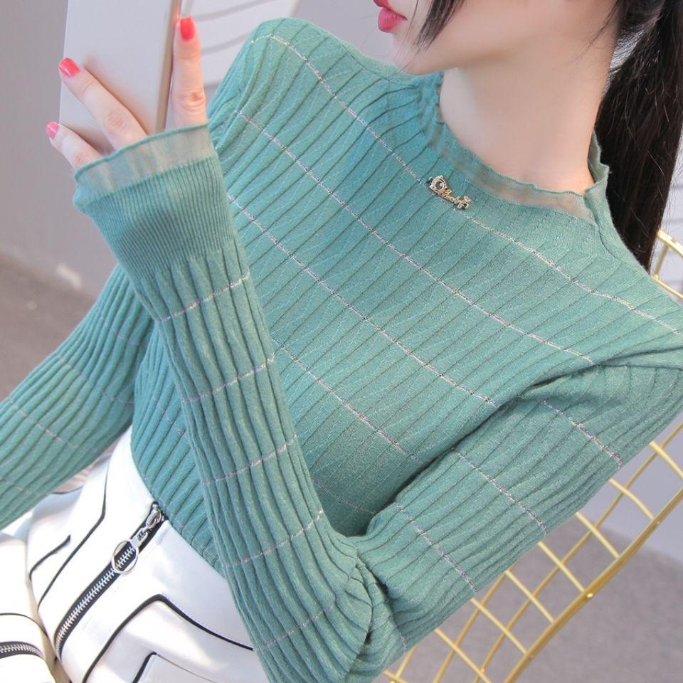 

Women s Slim Fit Knitted Sweater with Lotus Leaf Collar and Mesh Ruffle Edge XL жёлтый