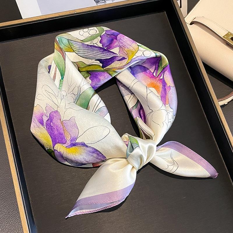 

68cm Floral Printed Scarf Women s Spring and Autumn Thin Imitation Silk Scarf Fashion Shawl Headscarf Bag Accessories Scarfs фиолетовый