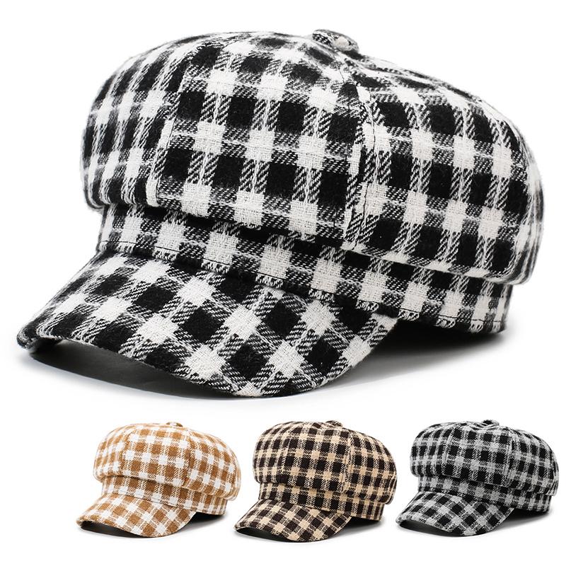 British Retro Women's Octagonal Hat, Fashionable and Versatile Checkered Beret