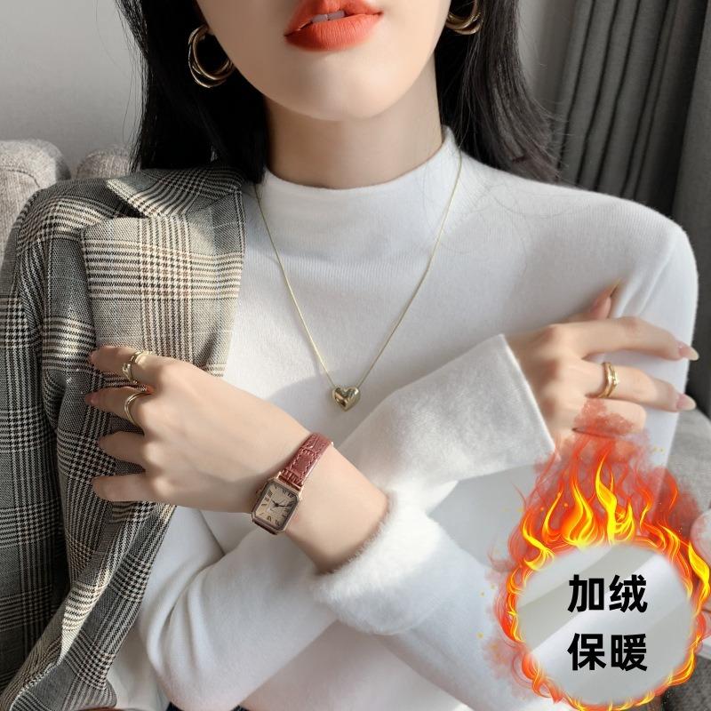 Temperament Soft Waxy Semi-turtleneck Sweater Bottoming Shirt Women's Autumn and Winter Velvet Thickened Solid Color Knitted Top with Inside