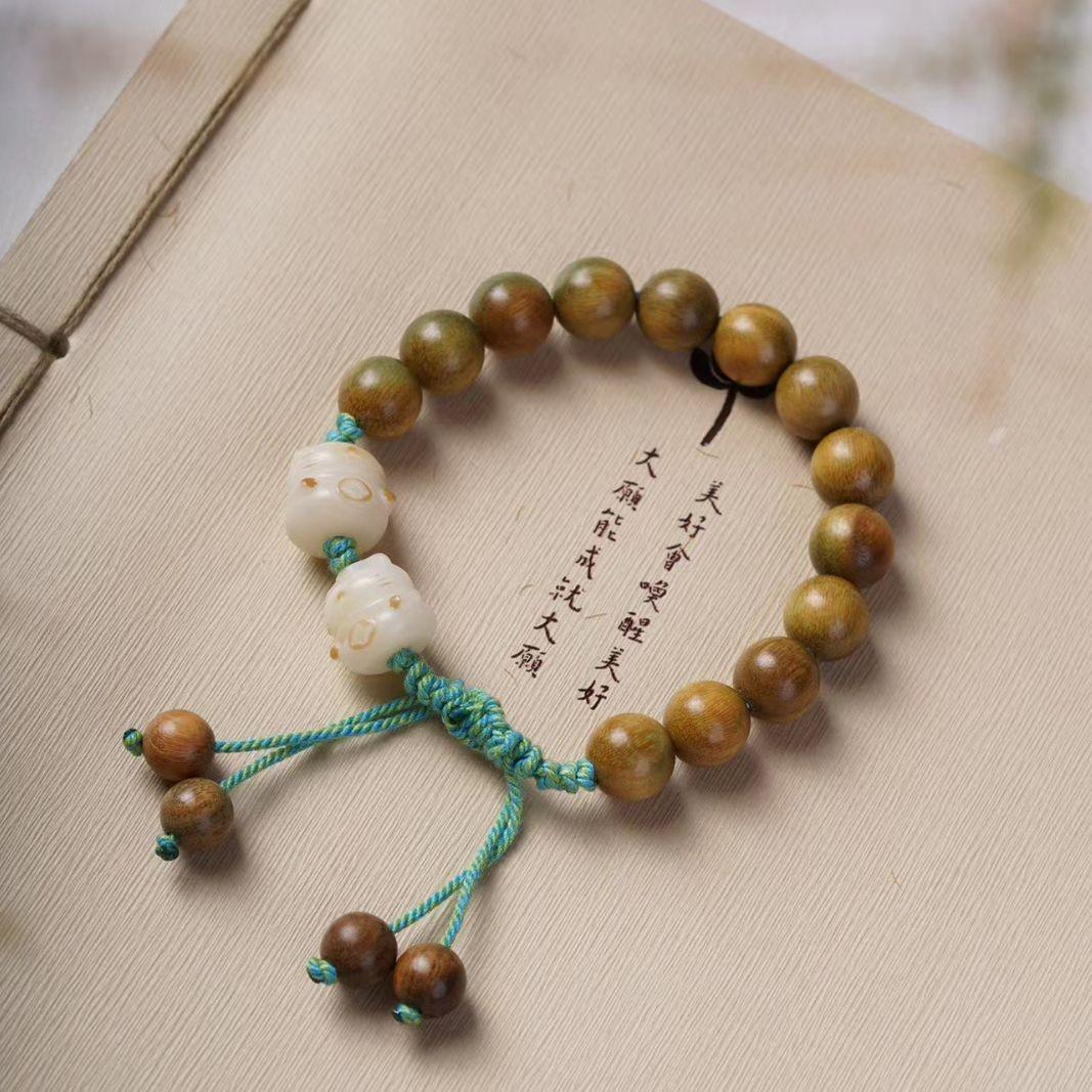 Green Sandalwood & Bodhi Rope Woven Prayer Beads Bracelet 1.0 cm