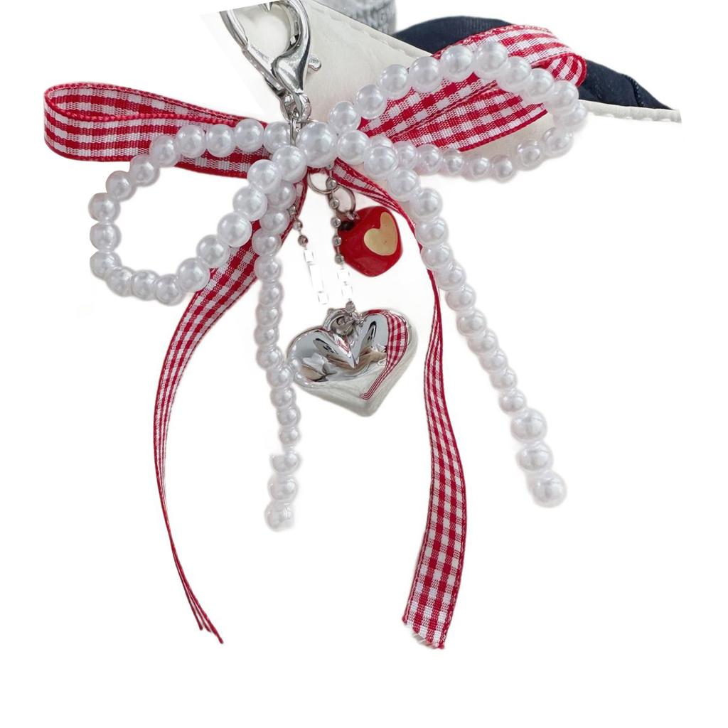 Chic Pearls Beaded Phone Charm Youthful Beaded Bowknot Phone Band with Heart Pendant for Bags Keys and Purses