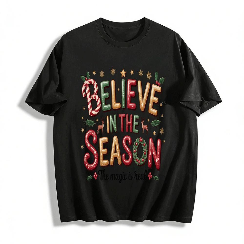 Believe In The Season Magic Print Christmas Holiday Casual Tee Pure cotton T-shirt XXS