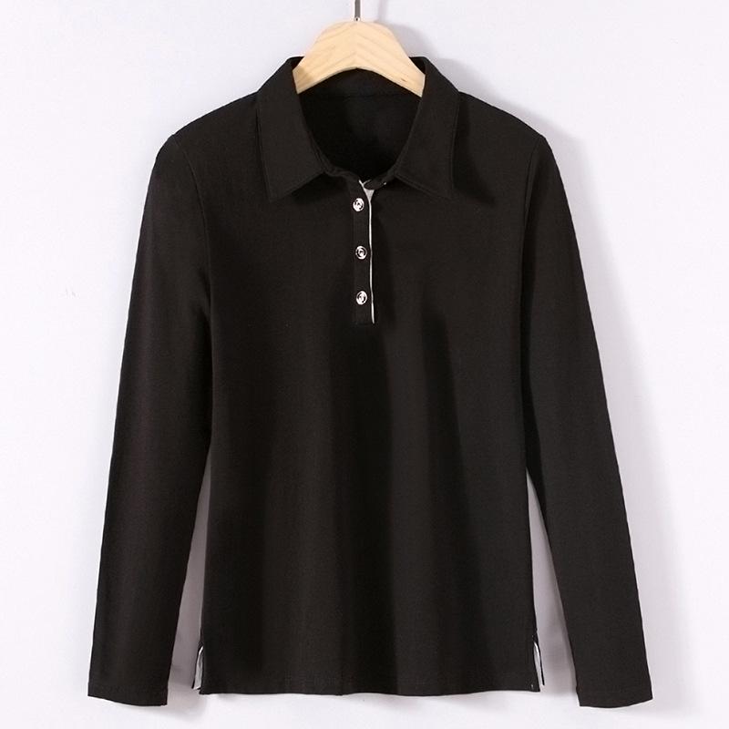

Women s Slim Fit Korean Style Long Sleeve Lapel T-Shirt, Pure Cotton, Plus Size, Solid Color, Base Layer, Spring/Summer. 4XL чёрный