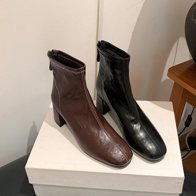 Autumn And Winter New Soft Leather French Square Head Thin Boots Women'S Versatile Korean Thick High Heel Bare Boots Martin Boots Retro Short Boots