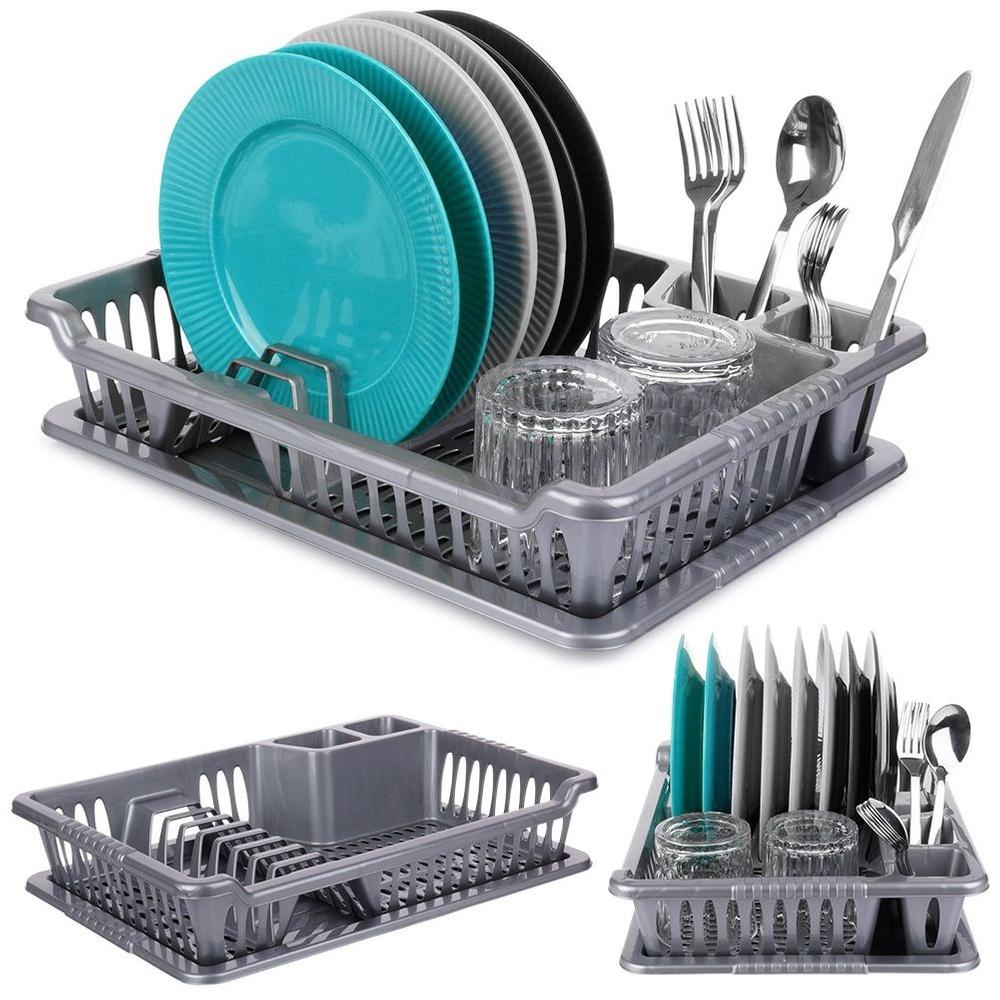 Gray Dish Drying Rack with Drip Tray 40x29cm