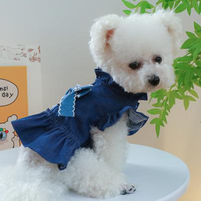Girl Dog Denim Dress with Flared Sleeves Cat Jeans Jacket Blue Puppy Clothes for Small Dogs Cat Apparel Cake Skirt Pet Outfit