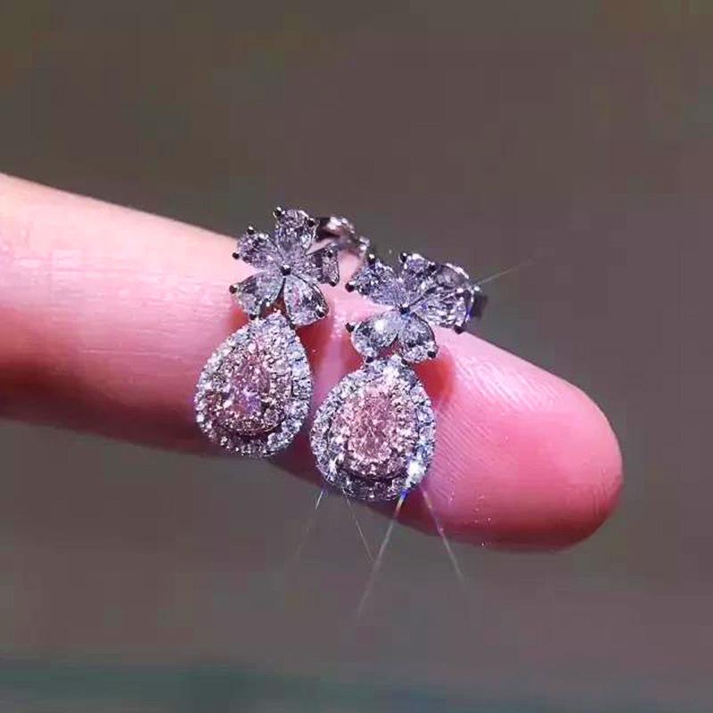 Silver Flower Top Pink Pear CZ Drop Earrings Double Layer Halo Pave Crystal Dangle Earrings Women Luxury Wedding Jewelry