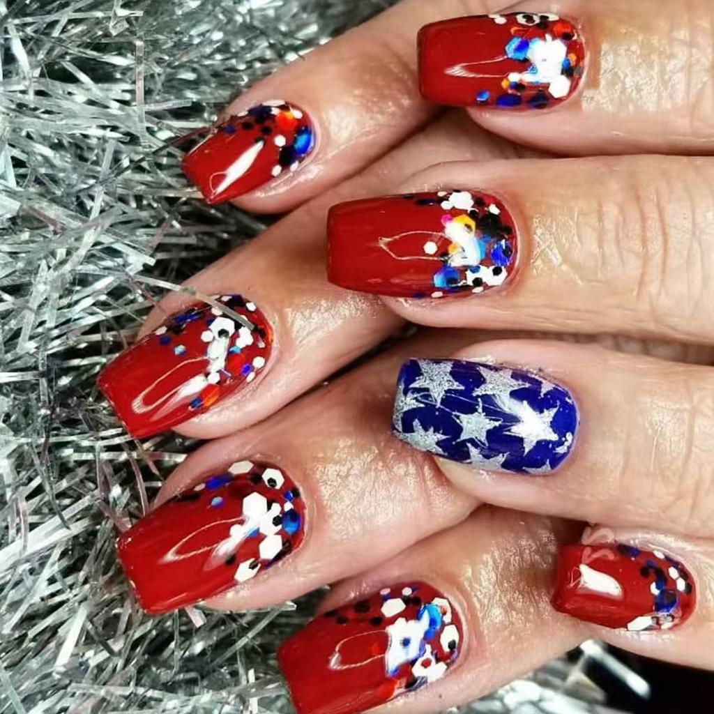 24Pcs Patriotic American Flag Designs Press On Nail for Independence Day Full Cover Acrylic Nail Manicure Nail Decors
