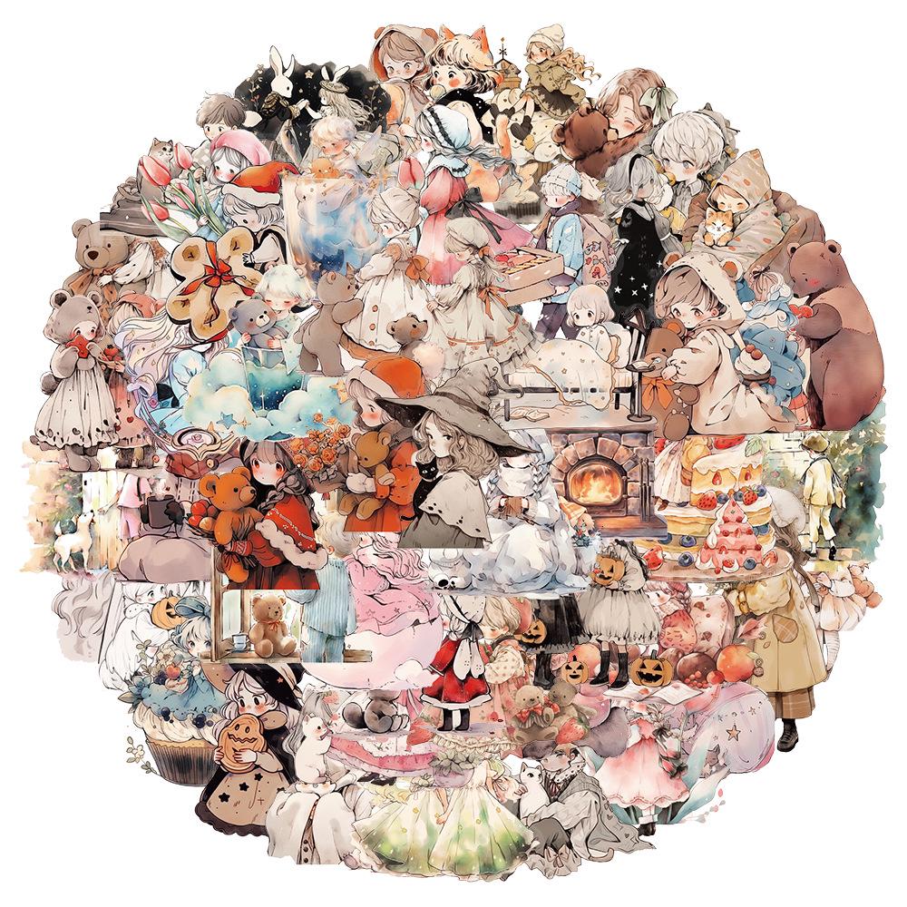 

50-Piece Set of Creative Watercolor Fairy Tale Transparent PET Stickers for Thermos, Water Bottles, Phone Cases, and Computers No