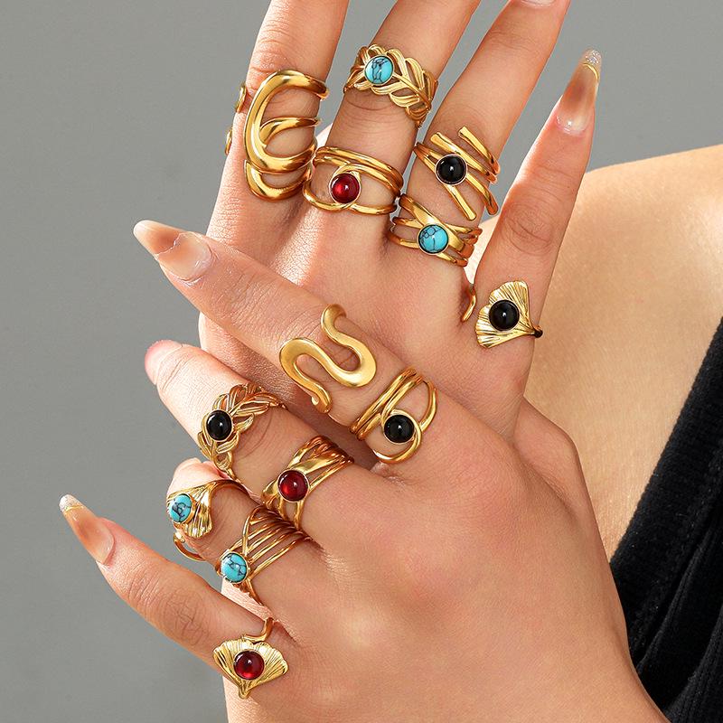 Boho Mehrfarbiger Türkis Edelstahl Offener Ring, Umweltfreundlich & Lichtecht, Schlichtes Titanstahl Design für Damen