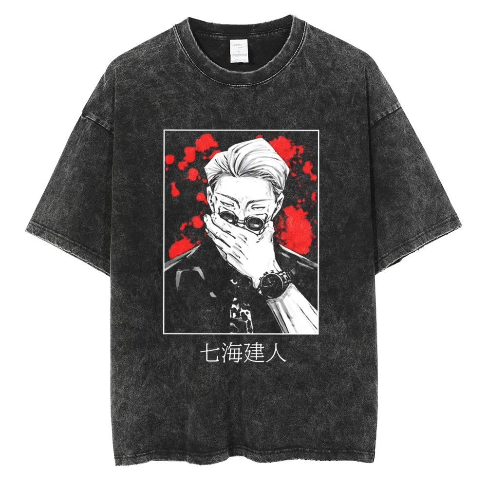 Anime Jujutsu Kaisen Gewaschenes T-Shirt Vintage Hip Hop Retro Baumwolle Herren Streetwear Übergroßes Damen Kurzarm Oberteil Y2k