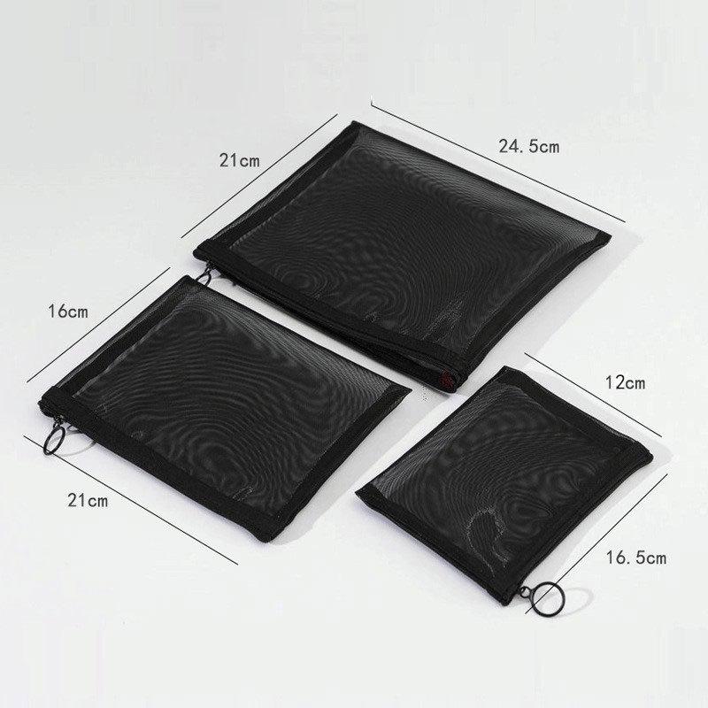 

Сучасний чорний сітчастий набір косметички для подорожей - три предмети для зберігання туалетного приладдя