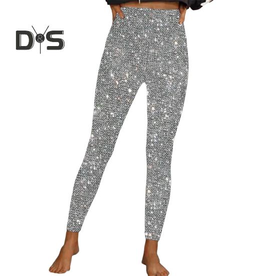 

Женские брюки-карандаш с высокой талией, блестящие длинные брюки из эластичной ткани, блестящие леггинсы с пайетками, повседневная одежда XXL серебряный