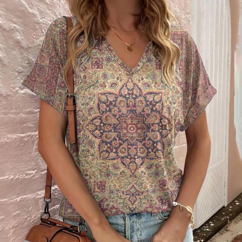 Casual Bohemian Print Women's Short Sleeve V-Neck Top T-Shirt