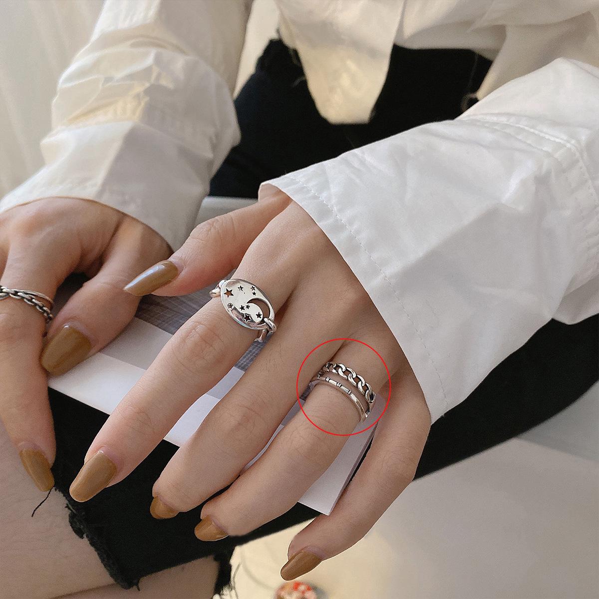 Korean 925 Sterling Silver Star and Moon Double Layer Ring for Women - Trendy, Fashionable, and Unique Index Finger Jewelry Adjustable Open Size